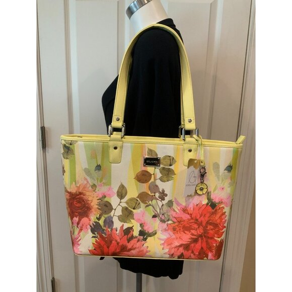 St. John Yellow & Pink Floral Print Leather Large Shoulder Tote Bag - Picture 1 of 10